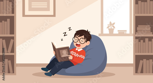 Sleepy Boy Reads A Book In Comfortable Beanbag Chair In The Room