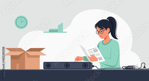 Woman Assembling New Soundbar Following Instructions From The User Manual