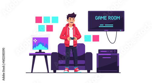 Young Man Enjoying Playing Video Games in a Colorful Modern Room