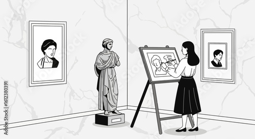 Woman Artist Drawing Portrait In Art Gallery With Classical Sculpture