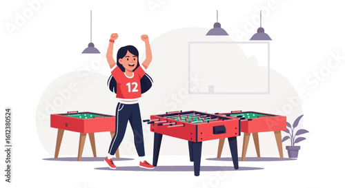 Woman Celebrates Victory at Foosball Table in a Modern Game Room