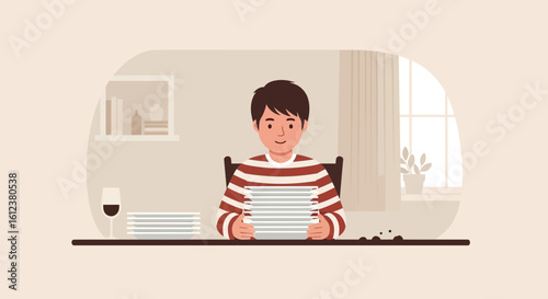 Young Man Holding Stack Of Clean Dishes At Table In Dining Room