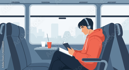 Young Man Immersed In A Book While Traveling By Train During Commute