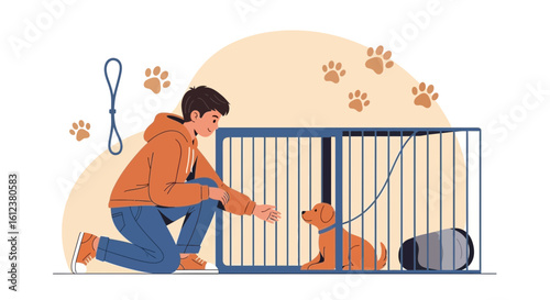 Young Man Interacting With Puppy In A Crate Encouraging Training For Affection