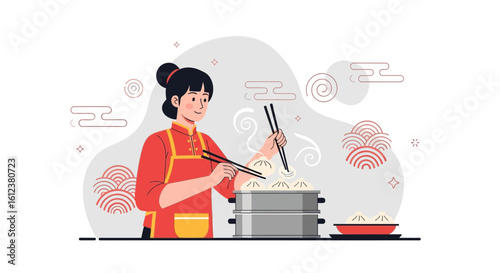 Woman Cooking Delicious Dim Sum Steaming In Traditional Chinese Restaurant Kitchen