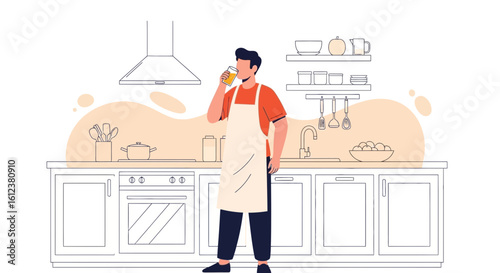 Young Man Relaxing With Drink In Kitchen During Food Preparation Routine