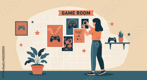 Woman Decorating Home Game Room Wall With Funky Gaming Themed Posters