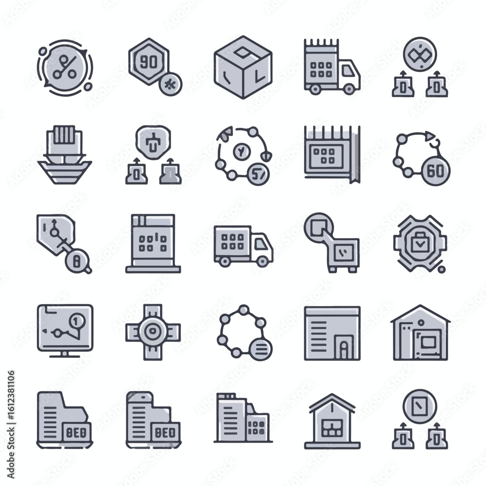 Fototapeta premium Monochrome Supply Chain Line Icons Set – 56+ Vector Logistics, Manufacturing, and Transport Symbols