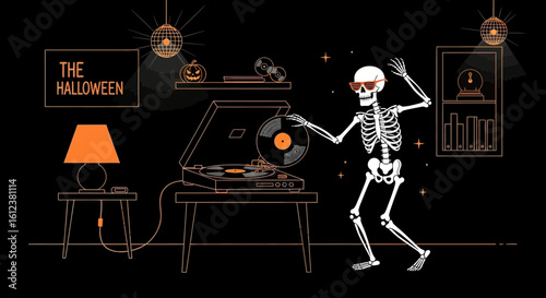Spooky Skeleton Djs With Vinyls Records On Halloween Night Party Decoration