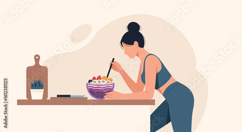 Woman Enjoying A Nutritious Smoothie Bowl After Exercise at Her Home