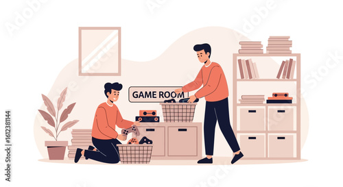 Young Men Organizing Games in Recreation Room Together For Fun Time