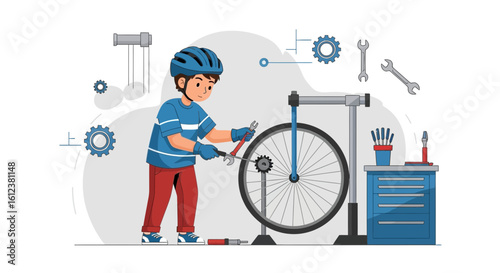 Young Mechanic Repairing Bicycle at Home Workshop Cartoon Illustration