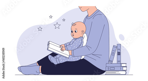 Storytime Bliss A Father Reads To His Little Baby in Bedtime Illustration
