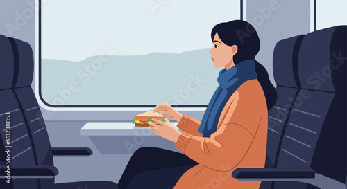 Woman Enjoying a Train Journey Eating Sandwich Near the Window