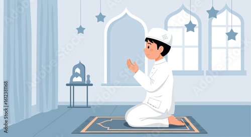 Young Muslim Boy Kneeling On Praying Mat And Praying In Peaceful Room