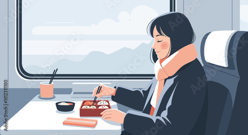 Woman Enjoying Bento Meal On Train Journey During Scenic Landscape View