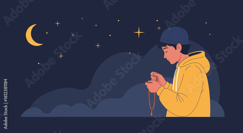 Young Muslim Man Praying At Night With Rosary Under Crescent Moon