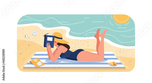 Woman Enjoying Beach Vacation Lying on Towel While Reading a Book