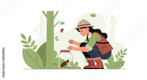 Young Naturalist Exploring Forest Capturing Beetle With Glass Jar