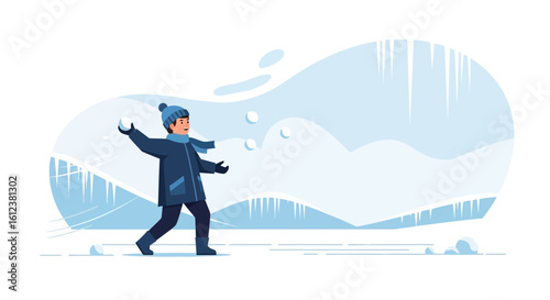 Young Boy Playing Snowball Fight On Cold Winter Vacation In The Snowy Landscape