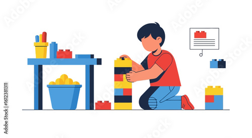 Young Boy Plays Creatively With Colorful Building Blocks At Home Vector Design