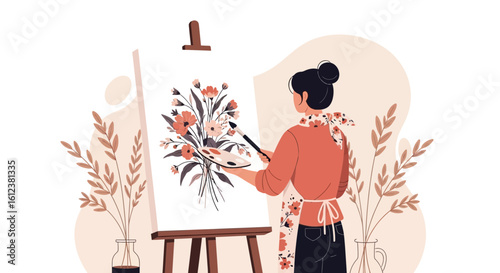 Woman Enjoying Her Hobby Of Painting A Floral Arrangement on Canvas