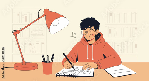 Student Concentrating On Studies With A Desk Lamp And Bookshelf In Background