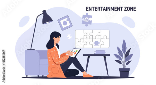 Woman Enjoying Leisure Time And Digital Activities At Home Illustration