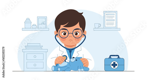 Young Boy Pretending To Be A Doctor Examining A Stuffed Animal Patient