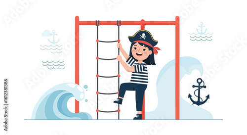 Young Pirate Girl Adventures On A Climb Structure By The Seas