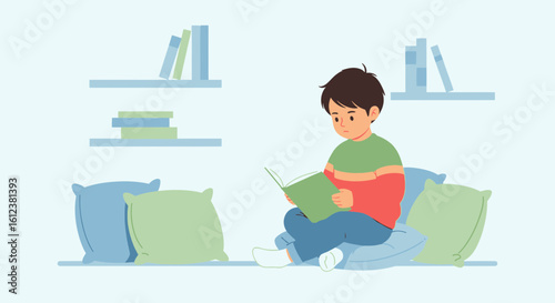 Young Boy Reading Book on Pillows Indoor Scene At Home Illustration