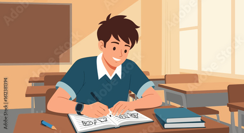 Student Drawing Sketches In Class During School Hours In A Bright Classroom