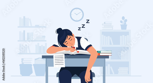 Student Falling Asleep At Desk Over Book During Study Hours