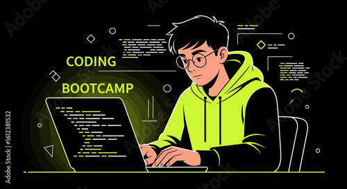 Young Programmer Immersed In Coding Bootcamp Session On His Laptop