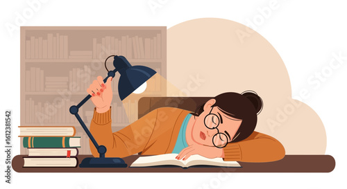 Student Fell Asleep While Studying Late At Night Near A Bookcase
