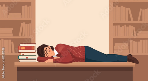 Student Fell Asleep Over Stack Of Books Education And Learning Concept