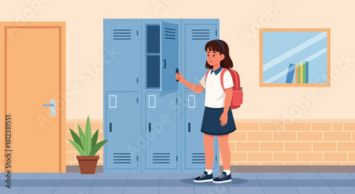 Student Girl Opening Her Locker At School Hallway Ready For Class