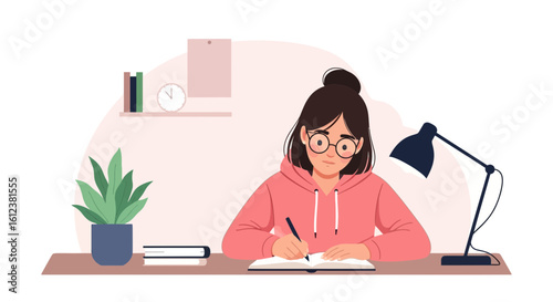 Woman Enjoying Relaxed Study Time At Her Desk With Lamp And Plant