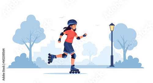 Woman Enjoying Roller Skating In Urban Park Surrounded By Nature And Buildings