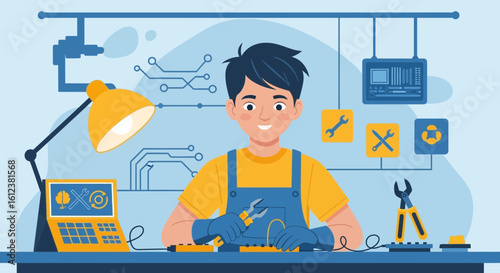 Young Repairman Working On Computer Hardware With Various Repair Tools