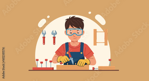 Young Carpenter Working On A Wood Project In The Workshop With Tools