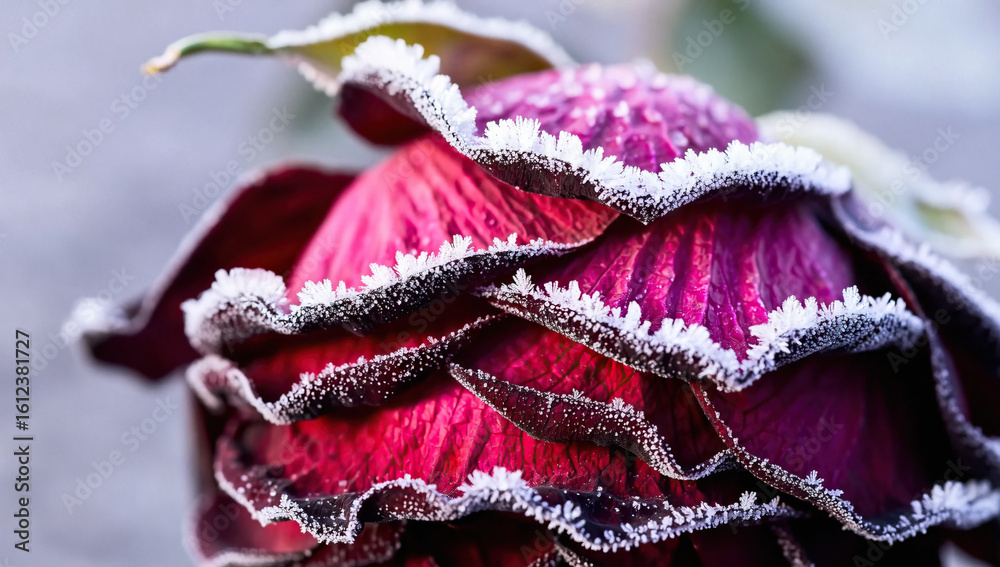 Obraz premium Frost-Covered Dark Red Rose Close-Up