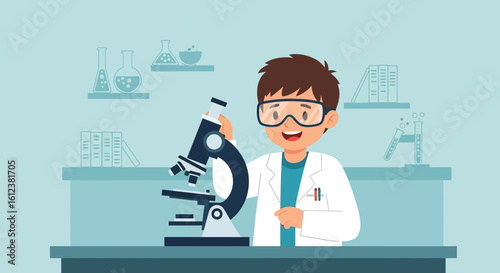 Young Scientist Examining Sample With Microscope In The Laboratory Scene