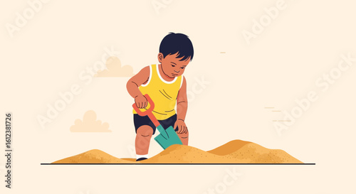 Young Child Engaged In Beach Activities Enjoying Digging Sand With Spade