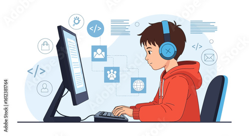 Young Coder Learning Online Programming From Home With Computer
