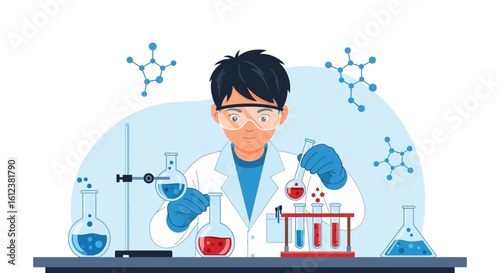 Young Scientist Working In a Chemistry Lab with Beakers and Test Tubes