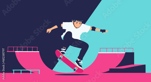 Young Skateboarder Performing a Trick on a Halfpipe in the Skatepark