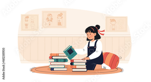 Young Student Arranging Books In Room For Studying Or Leisure Activity