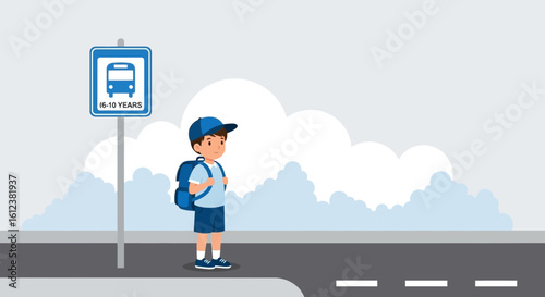 Young Student At Bus Stop Waiting For Transportation To Go To School