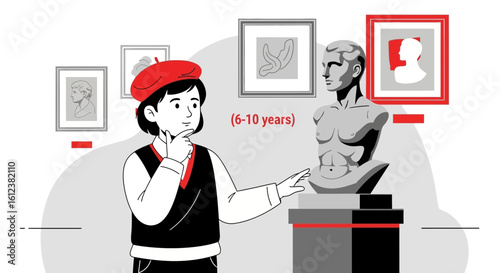 Young Student Observing Classical Sculptures With Curiosity At The Art Gallery